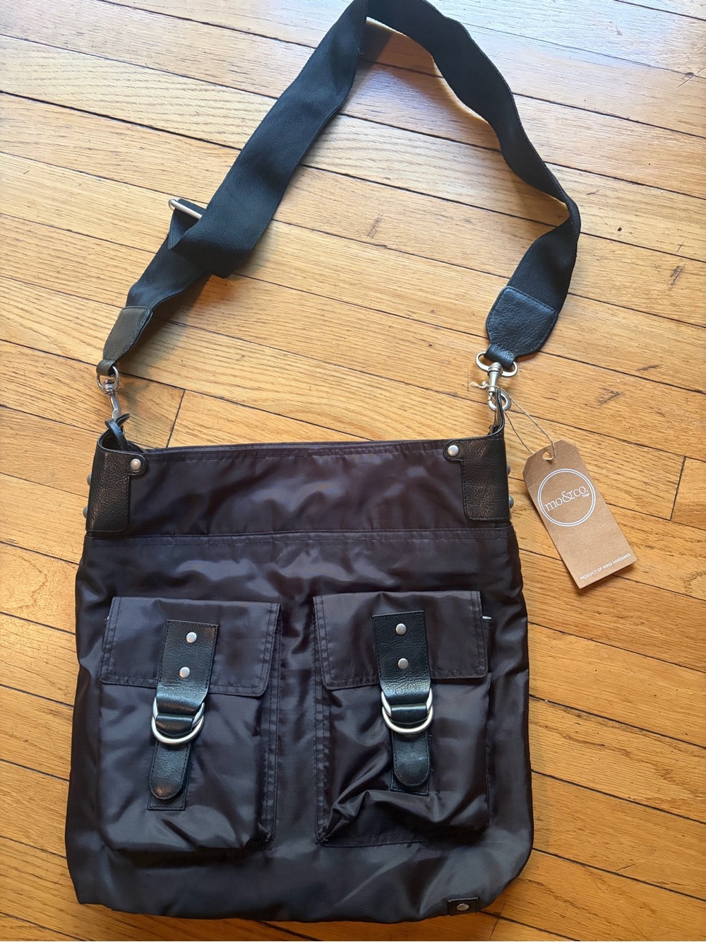 NWT Mo&Co. Black Nylon Crossbody Bag Utility Purse Zip Closure Leather Trim